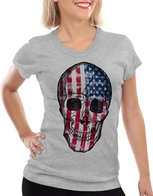 Produktbild von style3 USA Vintage Skull T-Shirt Damen Biker, Farbe:Grau meliert, Größe:S