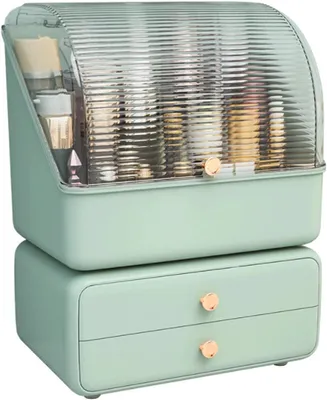 Produktbild von Staubdichte Box mit Deckel und 2 Schubladen, Kosmetikaufbewahrung für Schlafzimmer, Badezimmer oder Schminktisch.