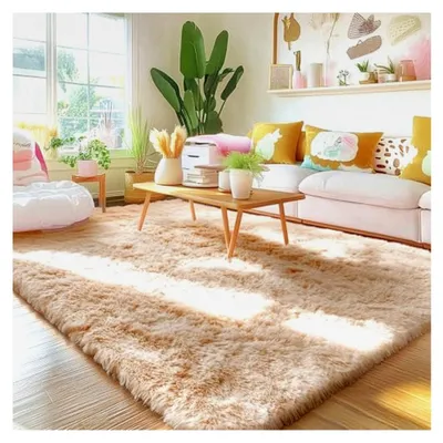 Produktbild von Hochflor Teppich mit weichem, waschbarem Material und rutschfester Unterseite für Flur, Wohnzimmer, Kinderzimmer, Schlafzimmer - Kamel, 80 x 150 cm