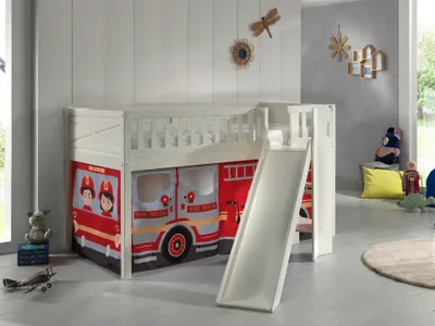 Produktbild von VIPACK - Spielbett SCOTT, LF 90 x 200 cm, mit Rolllattenrost, Rutsche, Leiter und Textilset "FIRE RESCUE", weiß lackiert