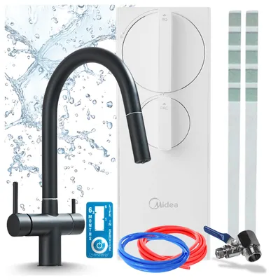 Produktbild von Küchenarmatur Mit Wasserfiltersystem Ari Slender Ro5 Umkehrosmose 400 Gpd, Messing, Keramikkartusche, Perlator, Zweigriffarmatur, Schwarz Matt