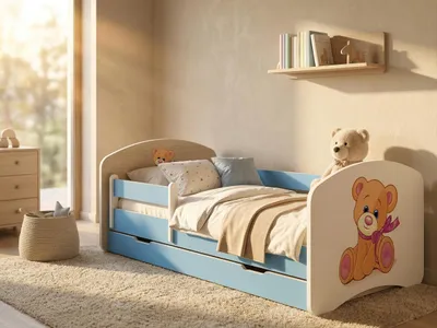 Image de Lit d'enfant Happy Babies avec barrières de sécurité pour garçon, 140 x 70 cm, pour chambre d'enfant, avec tiroir, matelas, lit simple pour enfant, bleu, ours