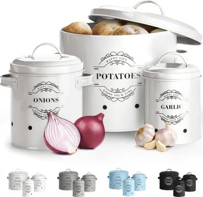 Produktbild von 3-Stück-Schutzbehälter-Set - Zwiebelbehälter, Knoblauchbehälter und Kartoffelbehälter - Weiss - Emaille