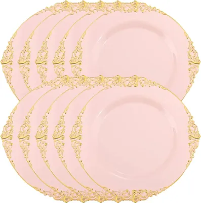 Obrázek produktu pro 10 Dusty Rose Round 8 "jednorázové plastové salátové večeře talíře zlaté reliéfní barokní Trim strana události dekorace