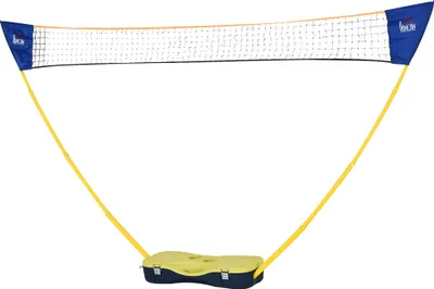 Produktbild von Badminton Netz mit Stand, Badminton-Netzständer, tragbarer Netzständer, Badmintonnetz mit 4 Badminton-Schlägern, Outdoor-Sport, Gelb+Blau, 286 x 33 x 157 cm