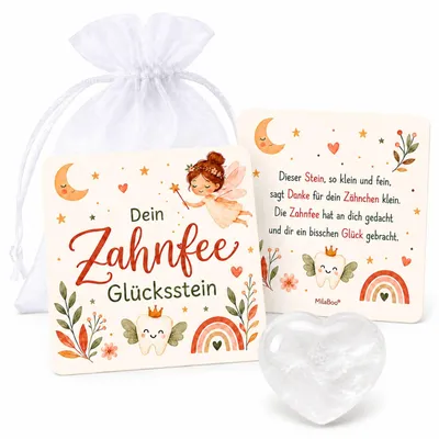 Tandfee Geschenk: Bergkristall Herz (2,5 cm) mit Karte & Reim, im Organza Beutel