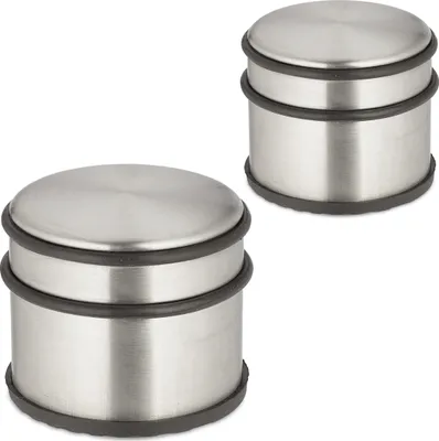 Image de Butées de porte Relaxdays en acier inoxydable, lot de 2, H x P : 7,5 x 9 cm, hautes et lourdes, antidérapantes, freins de porte, argent/noir