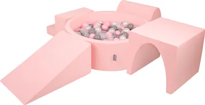 Produktbild von KiddyMoon spielplatz aus schaumstoff mit rund bällebad (300 bälle) ballgruben für babys spielbad hindernisläufen, hergestellt in der eu, pink:perle/grau/transparent/puderrosa