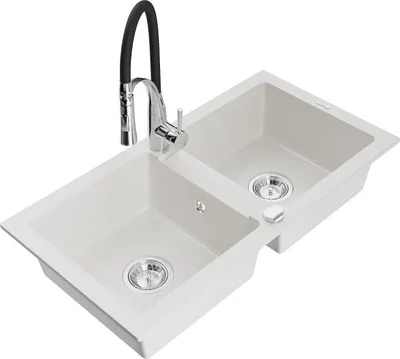 Produktbild von Mexen Mario 2-Becken-Granitspüle mit Mischbatterie Aster, Weiß - 6504-20-73450-07