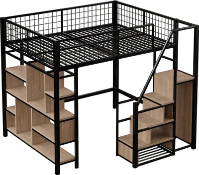 Produktbild von Hochbett, 140x200 cm, Metallbett mit Lattenrost, Regal, Kleiderschrank, Treppe und Rausfallschutz, Kinderbett, Jugendbett