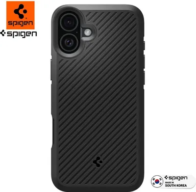 A black Spigen phone case is shown from the back.