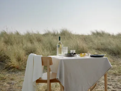 A table set for a meal on a beach with tall grass in the background.