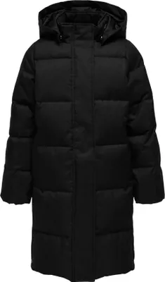 A black puffer jacket shown front-on against a white background.