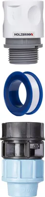 Produktbild von HOLZBRINK Set zum  Anschluss von Verlegerohr 20mm an den Wasserhahn: 1x Schnellanschluss 20mm, 1x Verbindung PE 20mm, 1x Teflonband