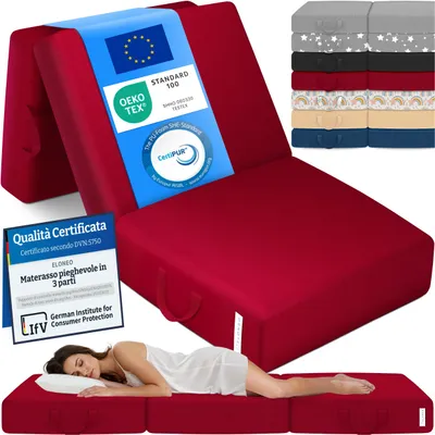 Immagine prodotto di Materasso pieghevole ELONEO, materasso per ospiti, materasso pieghevole in 3 parti, schiuma extra spessa (15 cm), cubo per dischi intervertebrali, pieghevole, materasso pieghevole, (rosso)