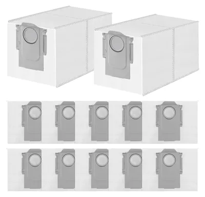 A set of white vacuum cleaner dust bags with gray attachment mechanisms are displayed against a white background. The top portion shows two complete bags, while the bottom portion displays multiple individual attachment mechanisms.
