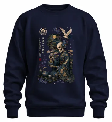 Productafbeelding van Skelet Ge, Japanse theeceremonie, Japan, Y2K, doodskop, sweatshirt, trui, marineblauw, maat S