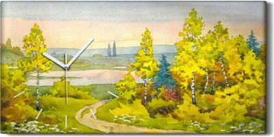 Produktbild von Wanduhr Bürouhr Leinwand Bild 60x30 Malerei Wald Bäume Pfad Natur Kunst - weiße Hände