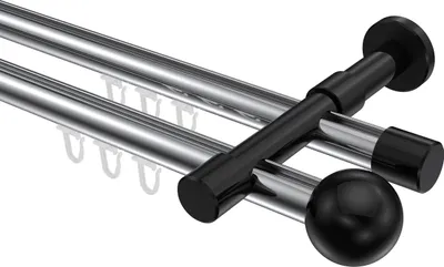 Produktbild von Interdeco Innenlaufstange / Gardinenstange mit Innenlauf Chrom / Schwarz, Typ Prestige Luino (Kugel), 20 mm Ø 2-läufig, 520 cm