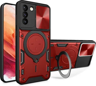 Produktbild von Handyhülle für Samsung Galaxy S21+ 5G Dual-Layer Stoßfest Rüstung Hülle mit Dia Kameraschutz und Kreisförmig Ring Ständer Rot