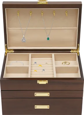Zdjęcie produktu dla Drewniana szkatułka na biżuterię Organizer na biżuterię z 3 poziomami Organizer na biżuterię z 2 wysuwanymi szufladami Pomysł na prezent Orzech czarny