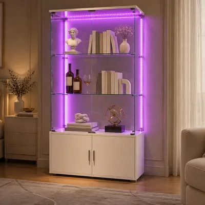 Immagine prodotto di Vetrina in vetro con illuminazione a LED e serratura, espositore con 2 ante, mobile vetrina in legno e vetro, vetrina autoportante, ideale per collezioni, libri, colore bianco