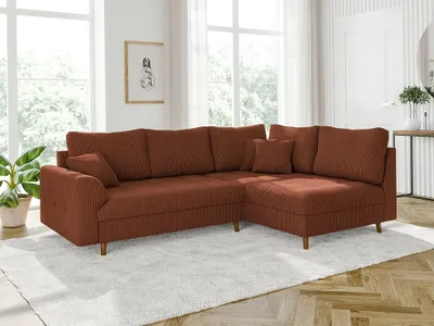 Produktbild von S-STYLE MÖBEL - Kai - Ecksofa mit Braun Holzfüßen im skandinavischen Stil aus Terrakotta Cord-Stoff, Ottomane rechts