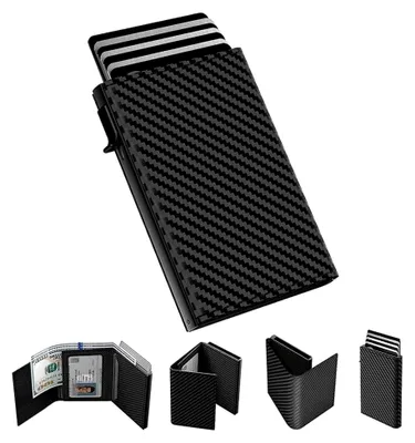 Produktbild von Herren-Geldbörse für AirTag: hochwertiges Echtleder, RFID-Blockierung, intelligent, minimalistisch, 9–14 Karten, Ausweisfenster, Bargeldfach, Minimalistische Kohlefaser, schwarz, Einfacher Stil