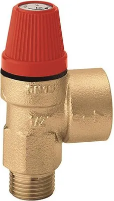 A close-up studio shot of a brass safety valve with a red cap.