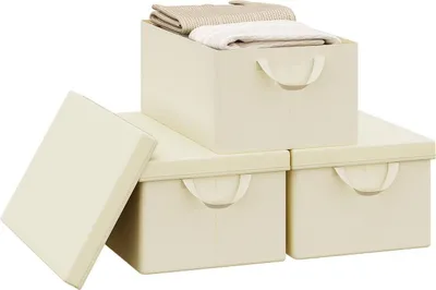 Produktbild von WOLTU 3er Set Aufbewahrungsboxen mit Deckel, mit Griffen, faltbar, Creme, 27L(48x29x20 cm)