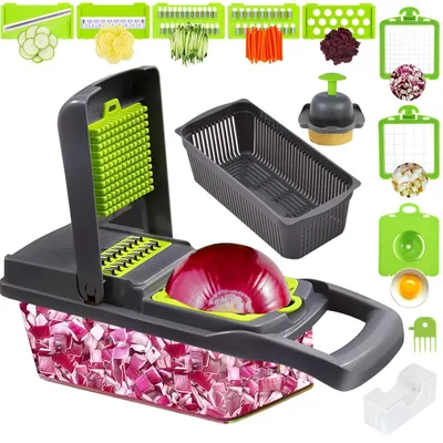 Produktbild von Gemüseschneider Mandoline Gemüsehobel 15-in-1 Gemüse Schneider Gurkenhobel Zwiebelschneider Kartoffelschneider Obstschneider Reibe für Gemüse und Käse Multifunktionsschneider Würfelschneider