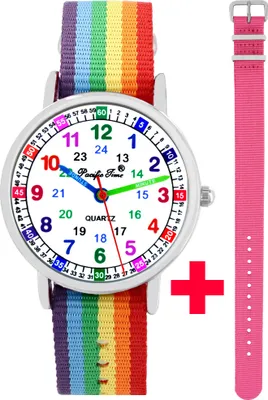 Produktbild von Kinder Armbanduhr Mädchen Jungen Uhr Lernuhr Einschulung 2 Armbänder Regenbogen rosa