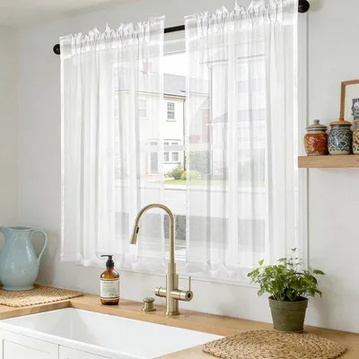 Productafbeelding van Voile gordijnen set van 2 - transparant wit - 100 x 130 cm - ideaal voor woonkamer en slaapkamer