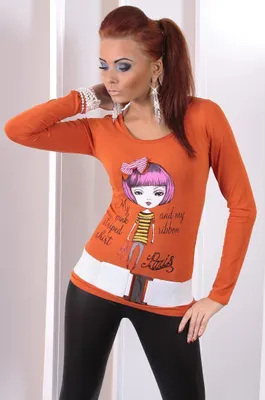 Produktbild von Damen Shirt langarm mit Mädchen Motiv; S/M Rostbraun S/M 36/38
