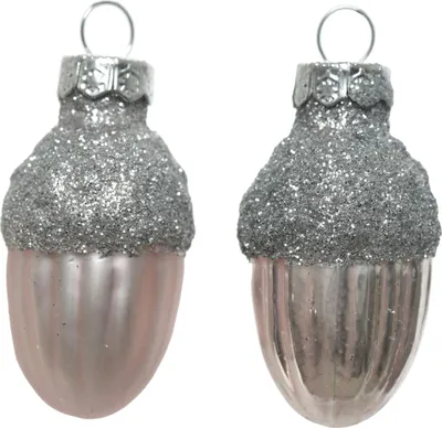 Produktbild von Christbaumschmuck Eicheln 4cm Glas 12 Stück - Puderrosa / Silber