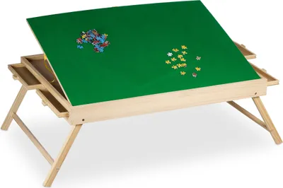 Zdjęcie produktu dla Stolik do układania puzzli Relaxdays, 4 szuflady, puzzle do 1500 elementów, drewno i tkanina, składana podkładka do puzzli, akcesoria do puzzli, kolorowy