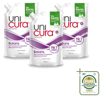 Immagine prodotto di 3 flaconi di sapone liquido antibatterico per le mani Unicura Balans, da 500 ml ciascuno - confezione risparmio - 3 pezzi