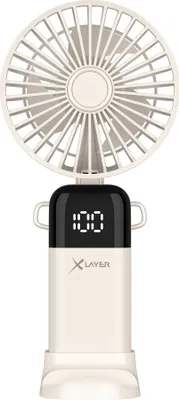 A white and black portable fan with a digital display.