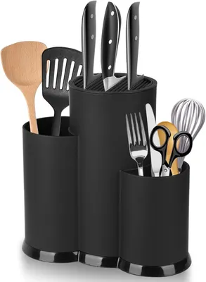 Produktbild von 3 in 1 Messerblock Ohne Messer Schwarz, Universal Runder Messerhalter mit Schlitzen und Multifunktional Aufbewahrung St?nder, Plastik Knife Holder Besteckhalter fš¹r alle Kš¹chenmesser geeignet