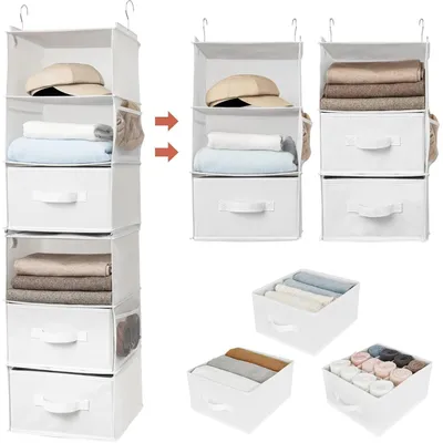 Productafbeelding van Hangorganizer voor kast, van stof, wit, met 3 lades en 4 zijvakken, deelbaar