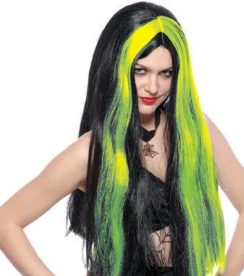 Produktbild von Damen Hexen Langhaarperücke schwarz-grün mit grünen Strähnen am Pony und Mittelscheitel