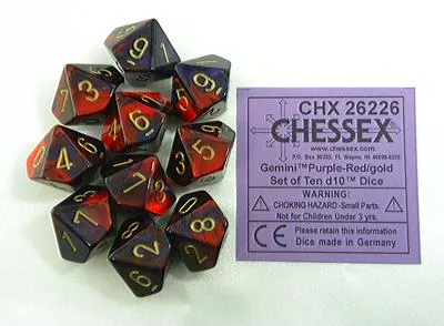 Immagine prodotto di Set di cubi D10 Chessex Gemini rosso porpora/oro (10 pezzi)