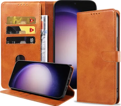 Immagine prodotto di Custodia per Samsung Galaxy S23 Ultra in ecopelle con labbro magnetico e portacarte a libro con patta - Marrone - Smartphonics