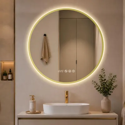 Imagen del producto de S'AFIELINA Espejo Baño LED Redondo 70 cm con Luz, Marco Dorado,Aleación de aluminio, 3 colores de luz, regulable, antivaho, reloj y temperatura