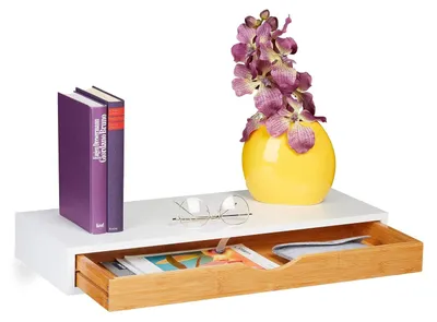 Obrázok produktu pre TRANKIELO® - Nástenná polička s zásuvkou - Skandinávsky dizajn - Materiál: MDF a bambus - Rozmery: výška 8 cm, šírka 60 cm, hĺbka 24 cm
