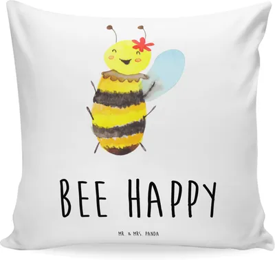 Produktbild von Mr. & Mrs. Panda Kuschelkissen Biene Happy - Weiß - Geschenk, Zierkissen, 40x40, Kissen, bedruckt, Dekokissen, Kuschel