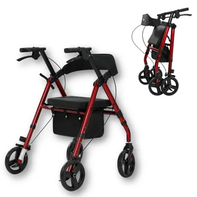 Produktbild von Wollex Rollator Rot leicht faltbar mit Sitz und Einkaufstasche für Indoor & Outdoor