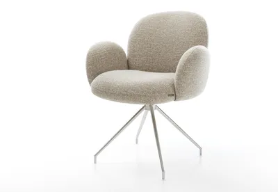 Produktbild von DELIFE Esszimmerstuhl Nube-Flex mit Armlehnen Webstoff Soft Beige Kreuzgestell konisch Edelstahl Taschenfederkern