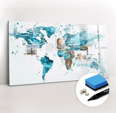 Produktbild von Magnetpinnwand Memoboard - Zubehörsatz - Schwarzer Marker + Schwamm + Magnete - 120 x 60 cm - Wasserweltkarte