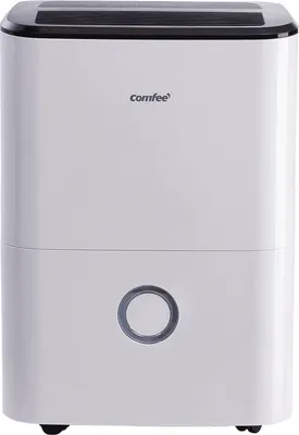 A white dehumidifier with a black top and a gray circular button on the front.